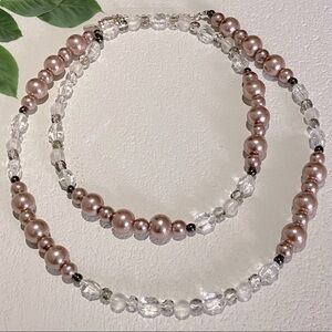 White House Black Market Pale Pink Pearls & Crystal Beads 36” Long Necklace    